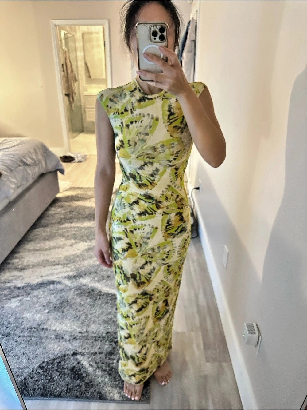 AFRM Mylo Dress Abstract Green & White Maxi Dress Size XS/P